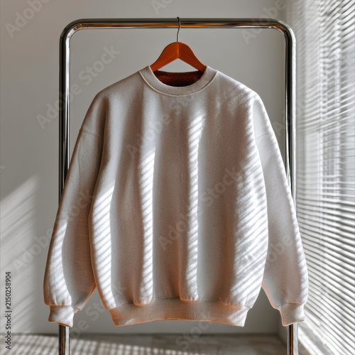 Oversized heavyweight sweater white cotton casual style hanging on wooden hanger sunlight shadow modern interior