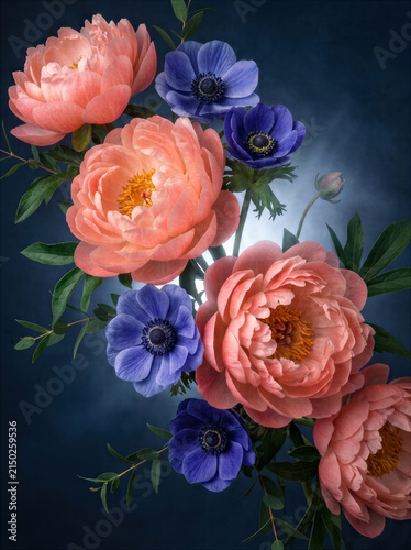 Peach Peonies and Blue Anemones

