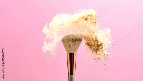 Obraz na płótnie Cosmetic brush with exploding powder on pink background.