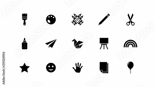 Minimalist black with modern set fourteen minimalist icons depicting various creative office supplies against neutral background displays clean modern