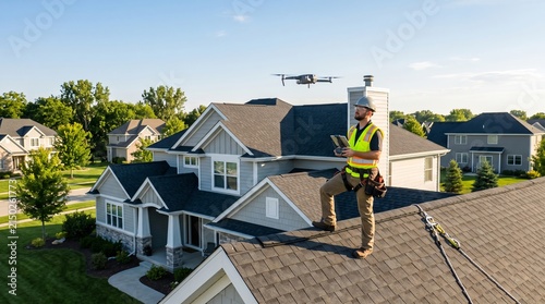 Contractor inspecting residential roof with drone