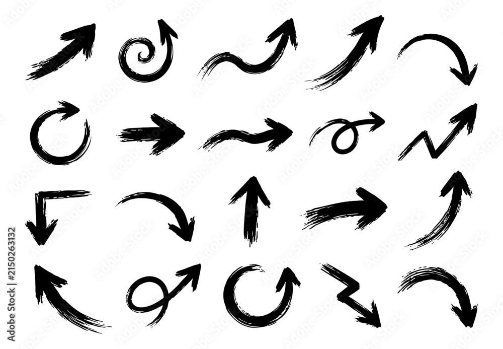 Fototapeta premium Hand drawn brush arrow collection, black directional symbols, curved circular looping and zigzag forms, expressive ink elements for navigation graphics