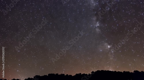 Stars and milky way galaxy moving over forest trees at night