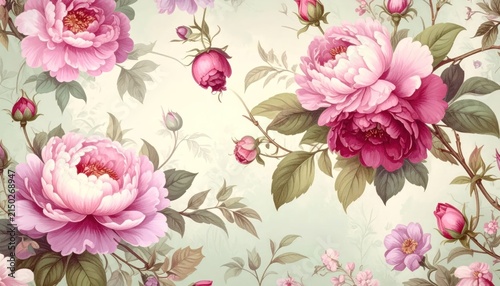 Vintage pink peony floral pattern background.