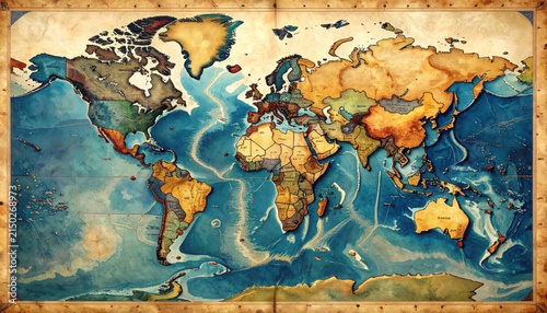 Vintage style world map with blue oceans.