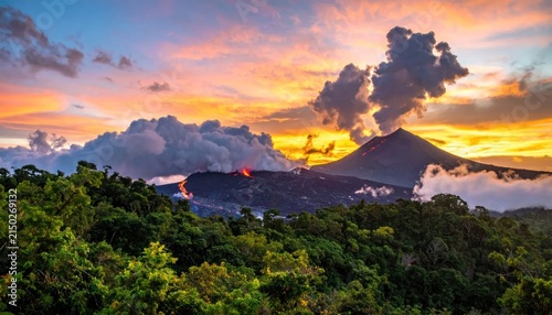 Volcanic eruption at sunset over tropical rainforest canopy.