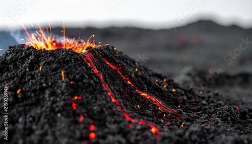 Volcanic eruption with glowing red lava flow macro