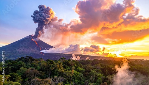 Volcanic eruption at sunset over tropical rainforest landscape.
