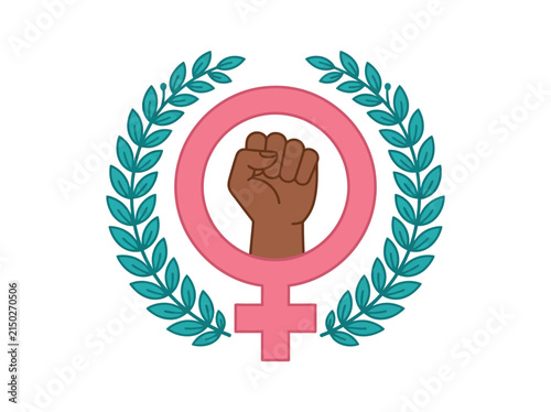 Fotografie Feminist symbol with a raised fist inside a pink female gender sign surrounded by a laurel wreath