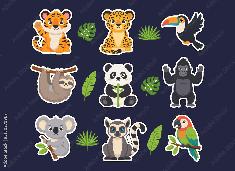 Obraz premium Set of cute wild jungle animals and tropical leaves stickers