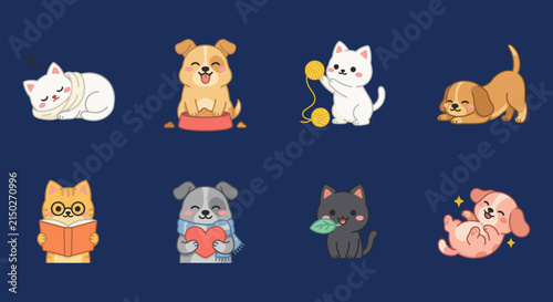 Set of cute cartoon cats and dogs characters in various poses and activities