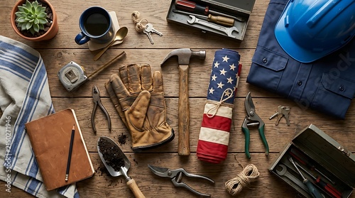 Labor day work tools and american flag on wooden background
