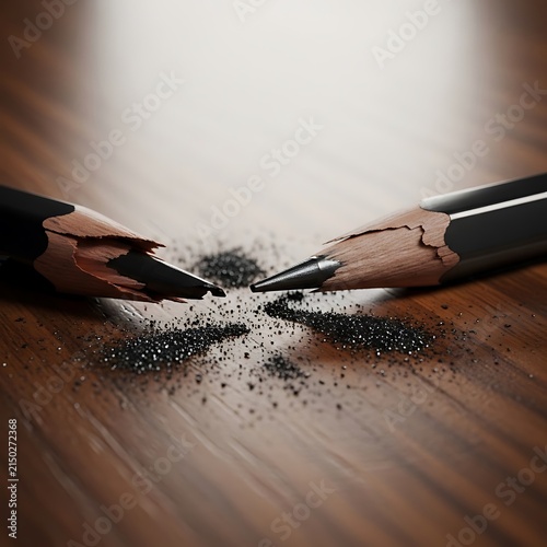Broken pencil tips on wooden desk, snapped graphite lead with shavings, concept of failure and creative block