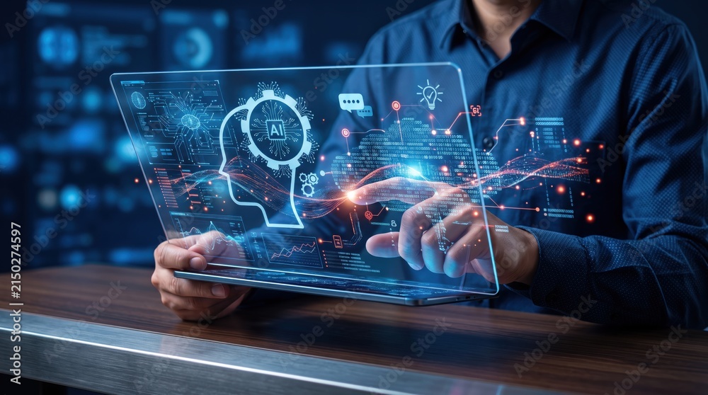Fototapeta premium Businessman interacting with futuristic holographic AI interface on transparent screen, artificial intelligence, data analysis visualization, digital transformation
