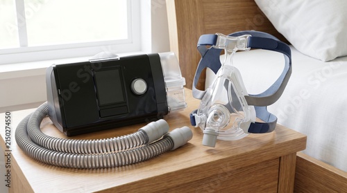 Sleep Apnea Therapy Concept, a CPAP Machine With Its Mask and Coiled Hose on a Bedside Table