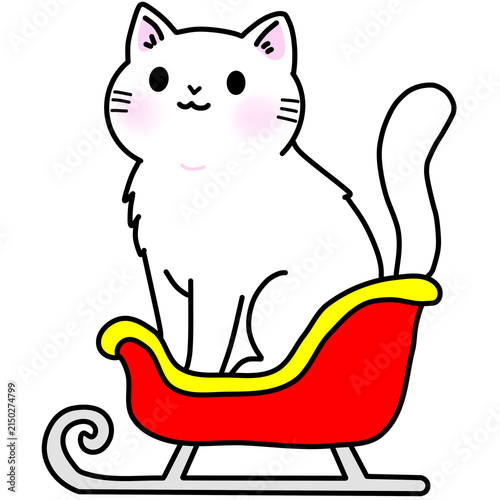 Quadro su tela A cute white cat sitting on a red christmas sleigh illustration, holiday graphic