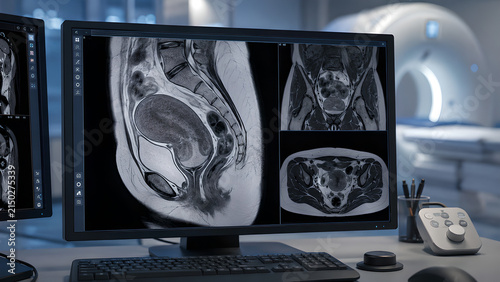 Uterus adenomyosis radiology MRI concept showing subtle early-stage uterine wall changes in a clean hospital imaging room for medical education, diagnostic awareness, and patient communication