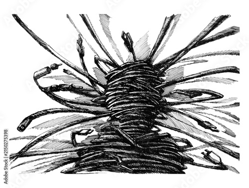Cuadro en lienzo Dark ink sketch background of tangled electronic cables forming a body shape