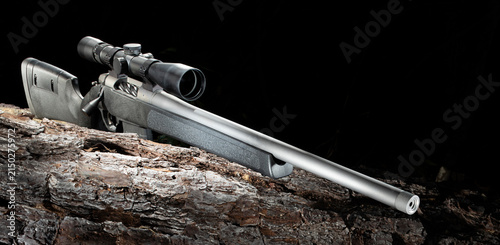 фотографія Bull barrel on a bolt action rifle resting on a log