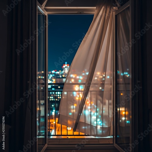 Ethereal white curtains blowing in open window at night, cinematic city lights view from balcony, moody urban apartment interior