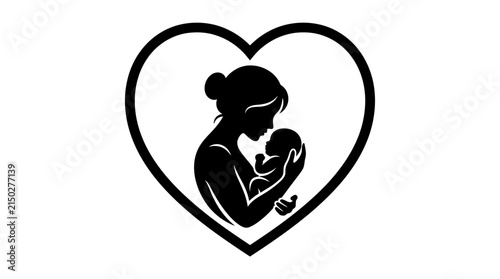 Minimalist black silhouette illustration depicting a loving mother gently holding her newborn baby inside heart shape