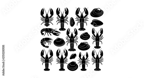 Collection of Seafood Icons Lobster Shrimp and Shellfish.