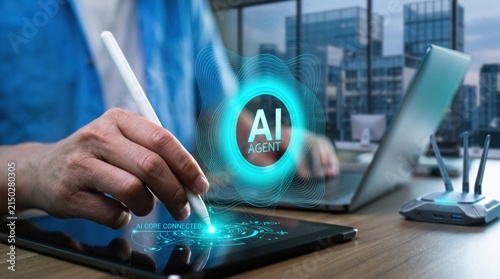 AI Agent, futuristic holographic interface on tablet screen, business professional using stylus for digital innovation and artificial intelligence core connection in modern office.