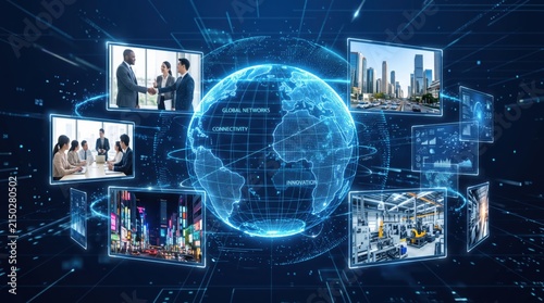 Futuristic concept of global network connectivity showing digital earth globe surrounded by screens of business meetings industry factory city skyline and innovation technology