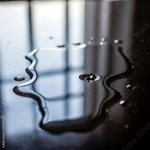 Abstract water puddle on dark reflective surface, clear liquid droplets with window light reflection, wet spill texture on table