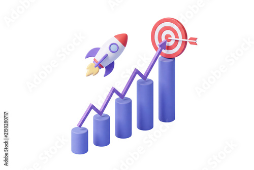 3d rocket launching over growing bar chart with target with rocket flying on transparent background