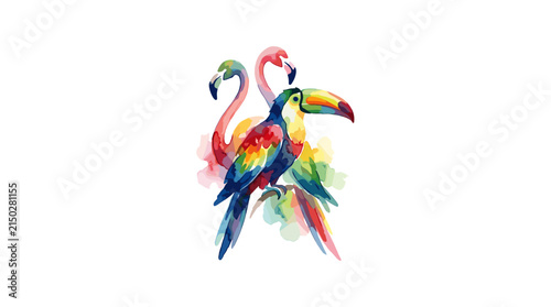 Colorful Toucan and Flamingos Watercolor Art.