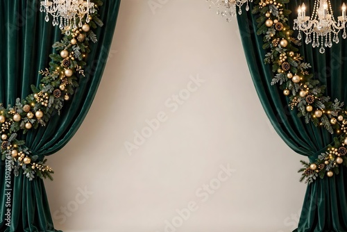 Elegant luxury Christmas background featuring deep emerald velvet curtains decorated with gold ornaments, evergreen garlands, warm lights, and refined festive details, with spacious central copy space