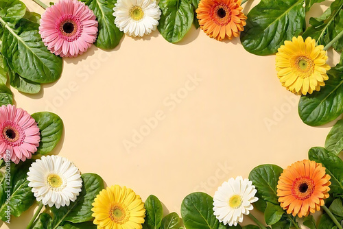 Top view of colorful gerbera flowers and green leaves forming a frame on a beige background with copy space