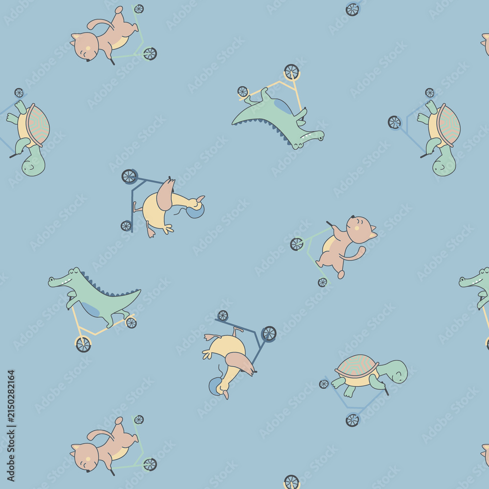 Obraz premium Whimsical cartoon animals riding scooters on a pastel blue background seamless pattern