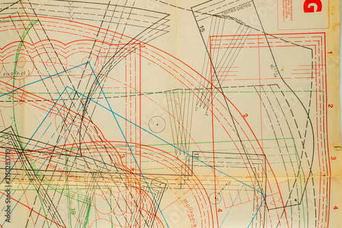 Abstract colorful fashion pattern on paper, drawing sheet with overlapping clothing construction line