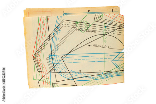 Abstract colorful fashion pattern on paper, drawing sheet with overlapping clothing construction line