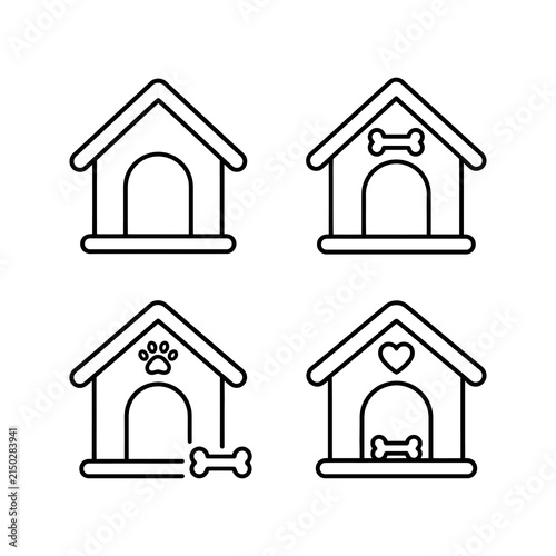 Black outline dog house icon set with paw print bone heart.