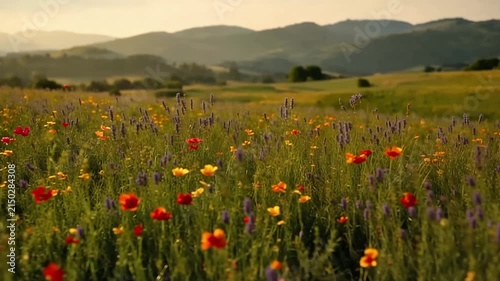 Vibrant wildflower meadow with mountains at sunset