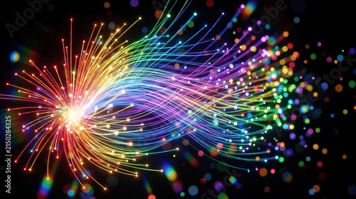 Abstract colorful fiber optic light burst with rainbow spectrum rays exploding from center, high speed internet connection, telecommunication network and futuristic technology.