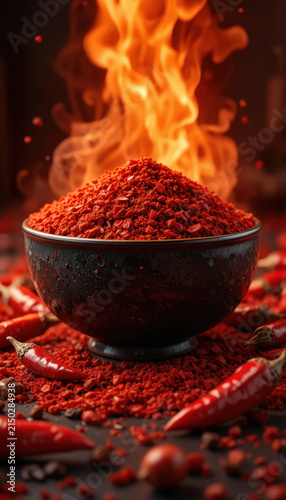 Spicy red chili powder fills black bowl, surrounded by dried red chilies and scattered spices. Flames rise dramatically in background, creating intense and fiery atmosphere