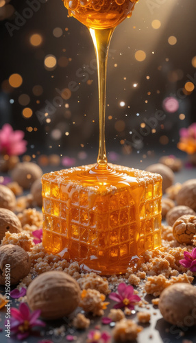 Golden honey drizzle cascades over textured honeycomb, surrounded by walnuts and delicate flowers, creating warm and inviting atmosphere filled with sweetness and nature beauty
