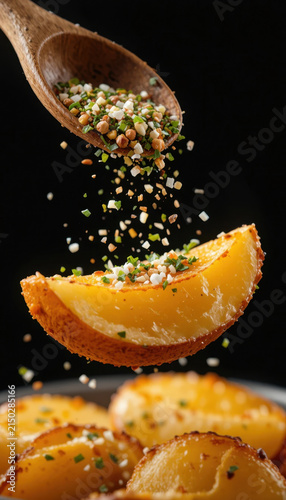 Crispy golden potato wedges are being garnished with colorful mix of spices and herbs, creating appetizing and vibrant dish. contrast of textures and colors adds to visual appeal