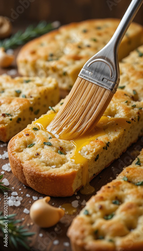 Freshly baked bread is brushed with golden egg wash, enhancing its rich texture and flavor. bread is garnished with herbs, creating mouthwatering appearance