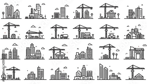 Set of City People Icons and Urban Silhouettes with Buildings, Houses, Factories, Towers and Industrial Architecture Vector Illustration