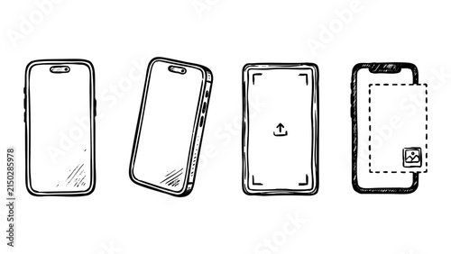 Smartphone set containing four different mobile phone hand drawn sketches depicted in a clean minimal black and white vector design