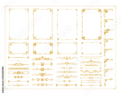Vintage gold border ornaments with ornate floral flourishes and classical decorative frames.
