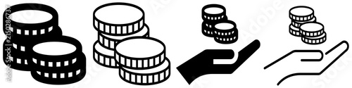 Konstfotografi Set of coin stack icons and hand holding coins in black silhouette and outline style, isolated on white