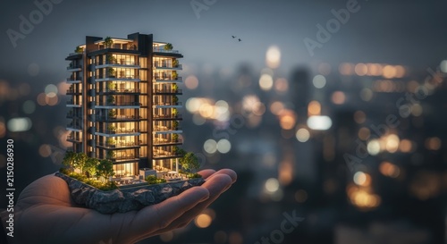 Hand holding a miniature glowing modern apartment building with blurred city lights in the background at dusk