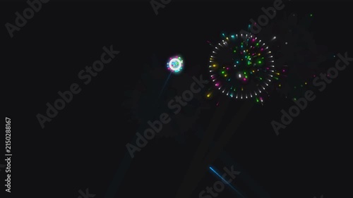 Vibrant digital fireworks exploding in dark sky creating dynamic motion animation for festive holiday celebration video