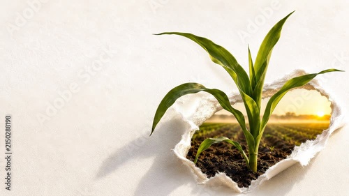 Corn Plant Gently Moving in the Breeze Through Torn Paper Agricultural Concept Animation
